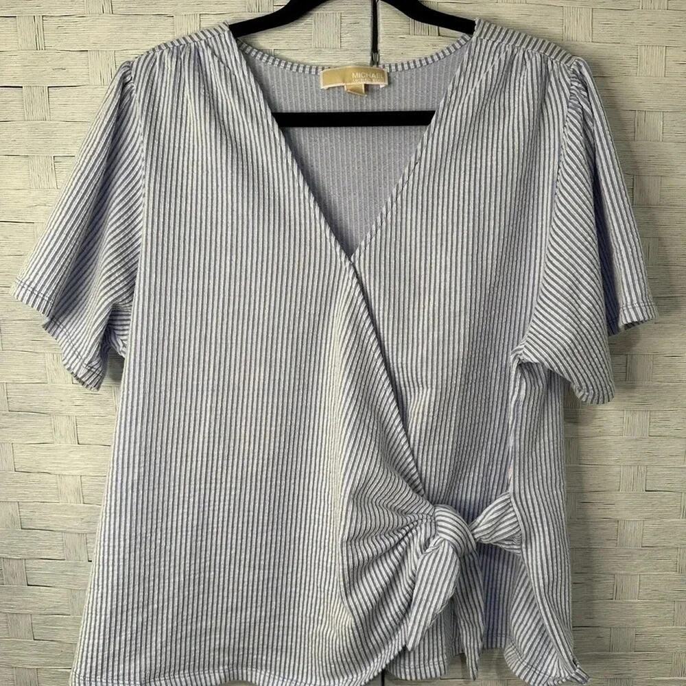 Michael Kors Blue And White Striped Cross-Front Top With Tie coastal grammar
